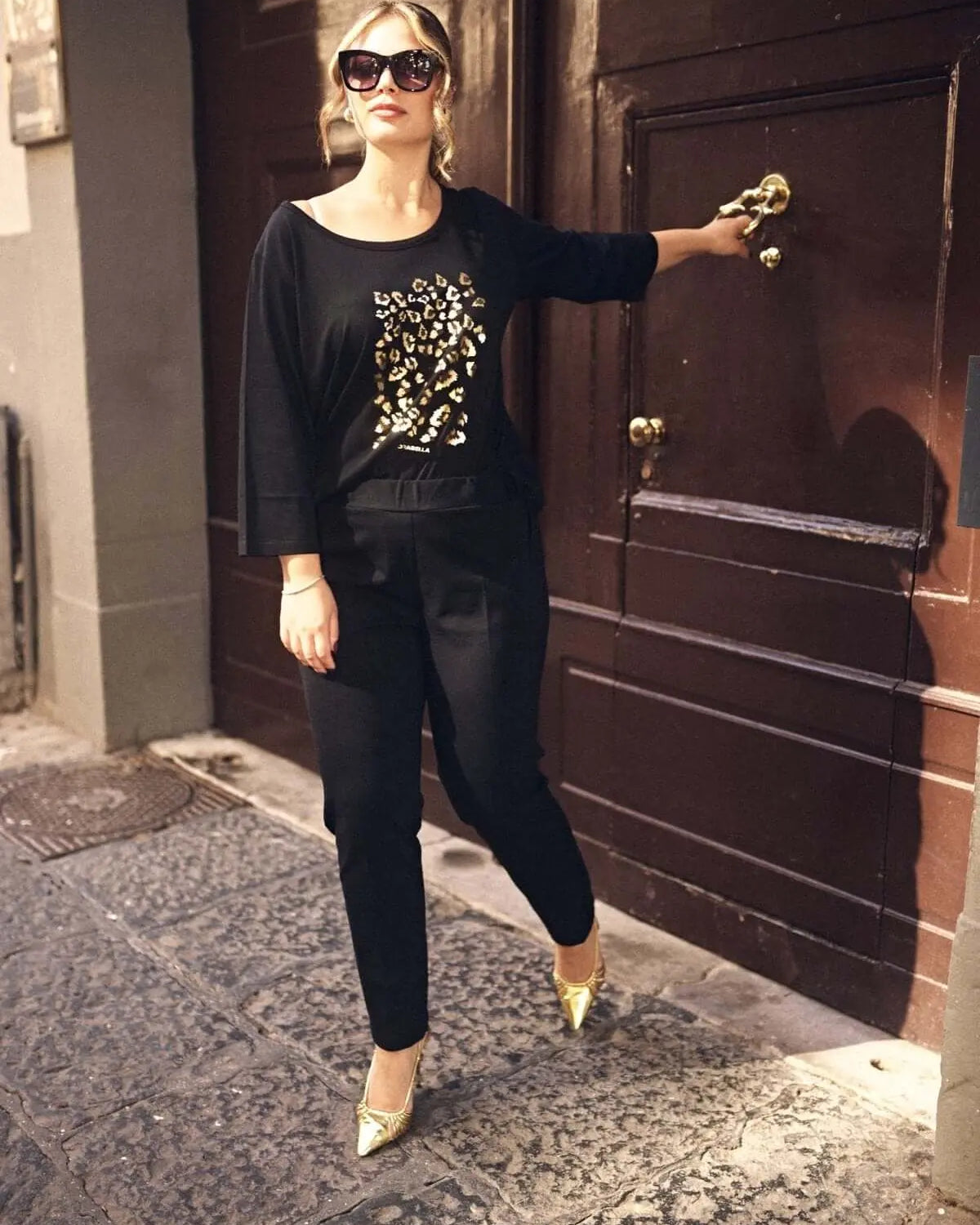 T-shirt a maniche lunghe con motivo a stampa animalier a contrasto NERO DORABELLA PIU' XXL