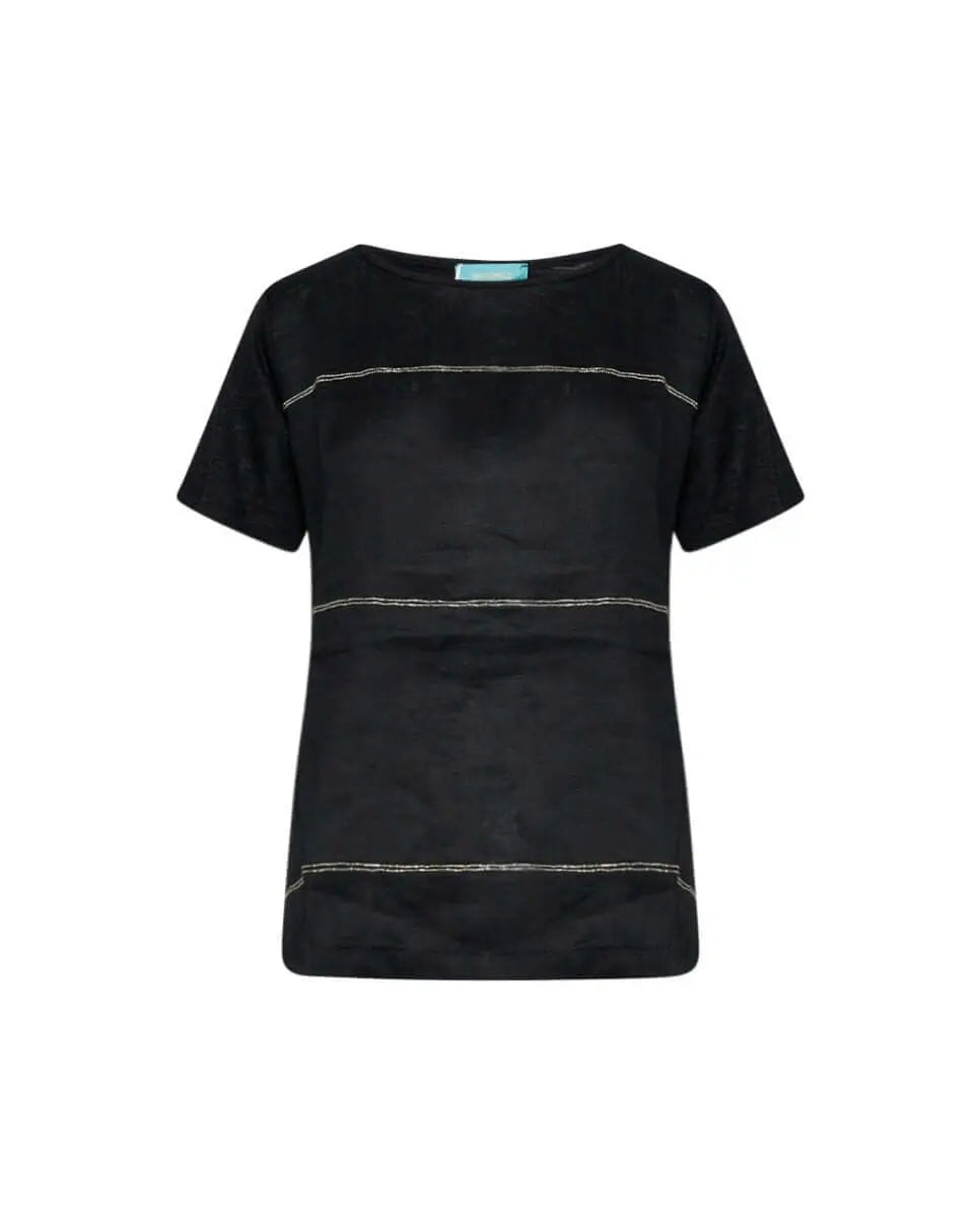 T-shirt combinata in lino e jersey melange con dettagli micro catene BLACK DORABELLA