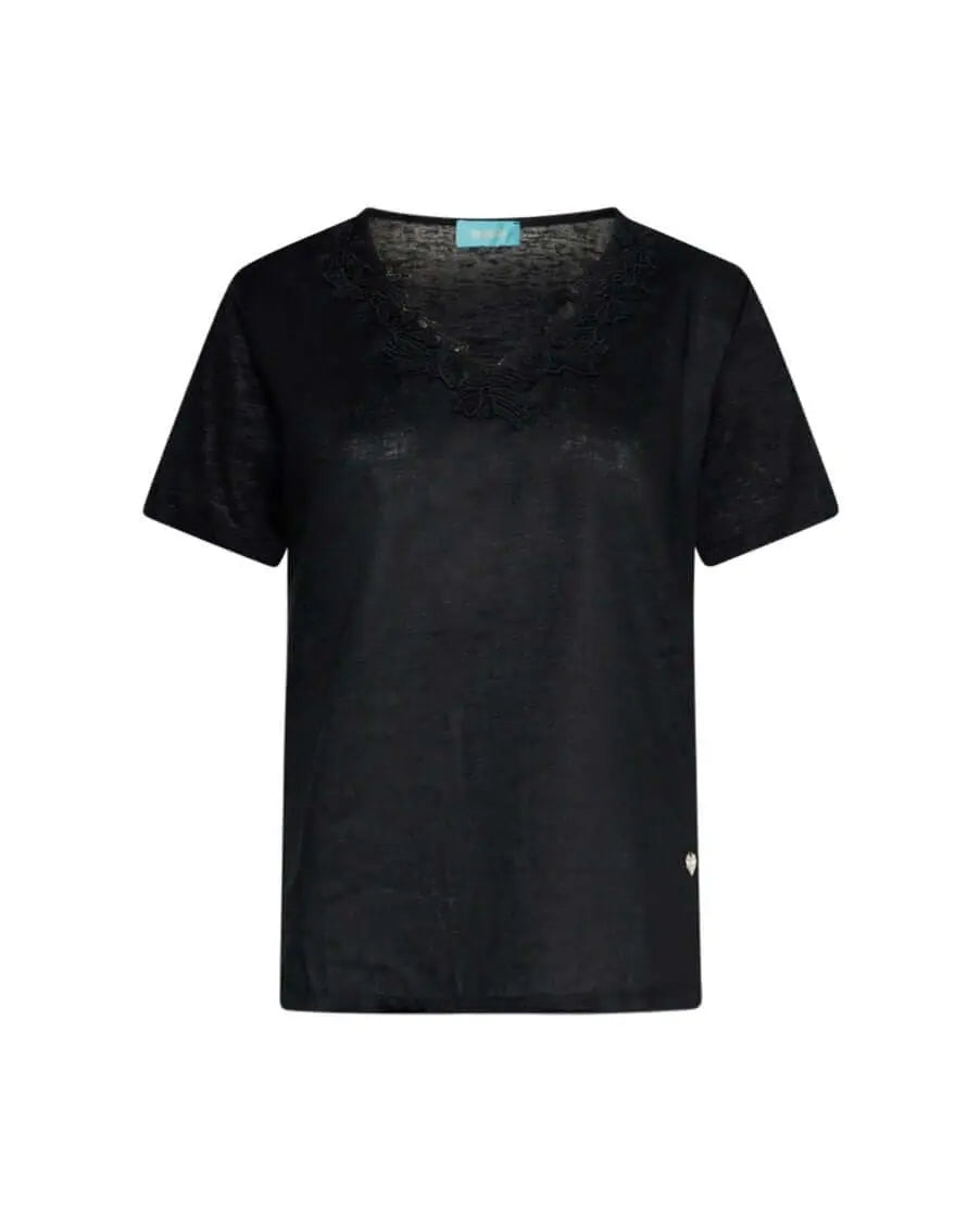 T-shirt combinata in lino e jersey melange con pizzo macramé sullo scollo a V BLACK DORABELLA