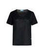 T-shirt combinata in lino e jersey melange con pizzo macramé sullo scollo a V BLACK DORABELLA