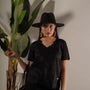 T-shirt combinata in lino e jersey melange con pizzo macramé sullo scollo a V BLACK DORABELLA XL
