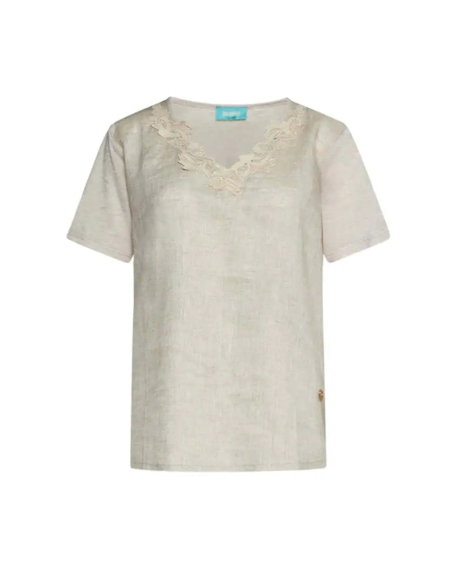 T-shirt combinata in lino e jersey melange con pizzo macramé sullo scollo a V NATURALE DORABELLA