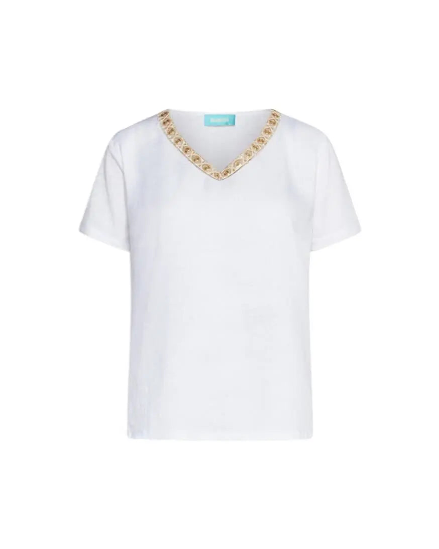 T-shirt combinata in lino e jersey melange con scollo a V con ricami di paillettes BIANCO DORABELLA