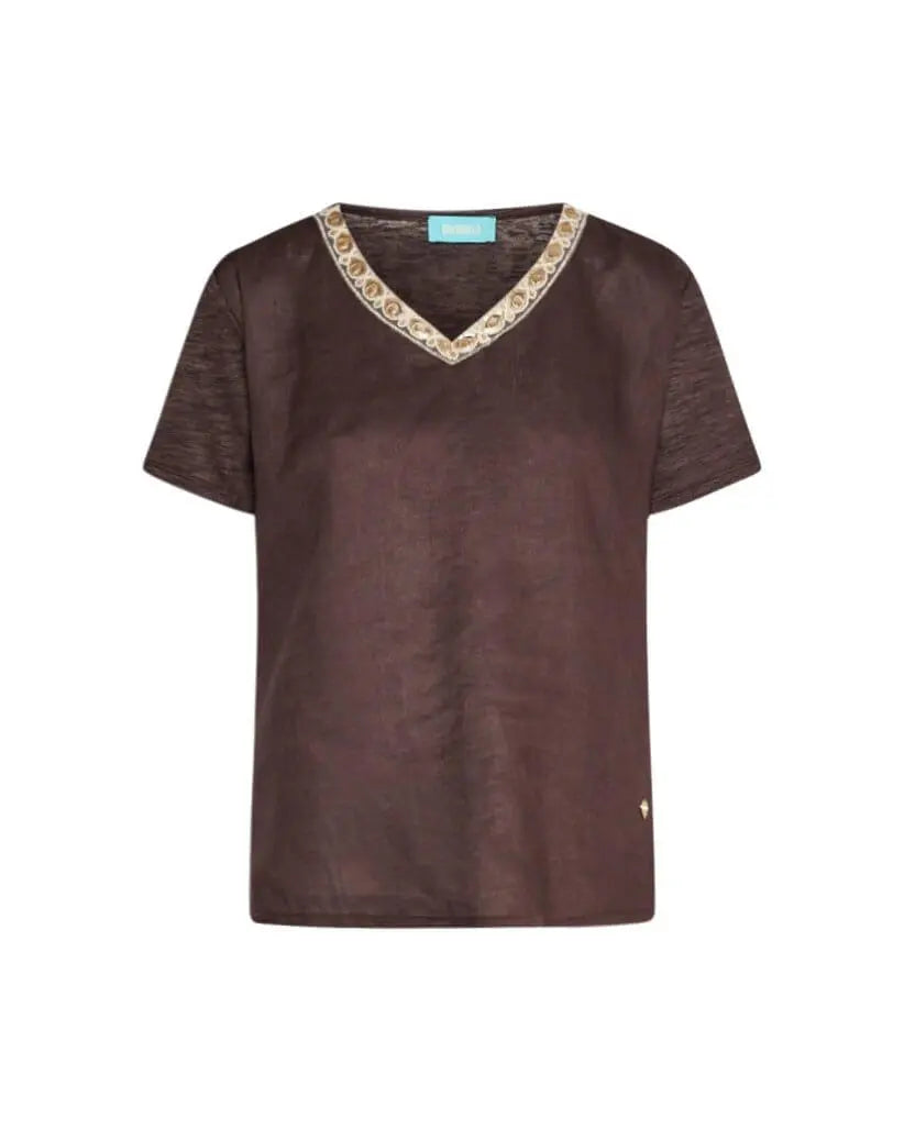 T-shirt combinata in lino e jersey melange con scollo a V con ricami di paillettes CACAO DORABELLA