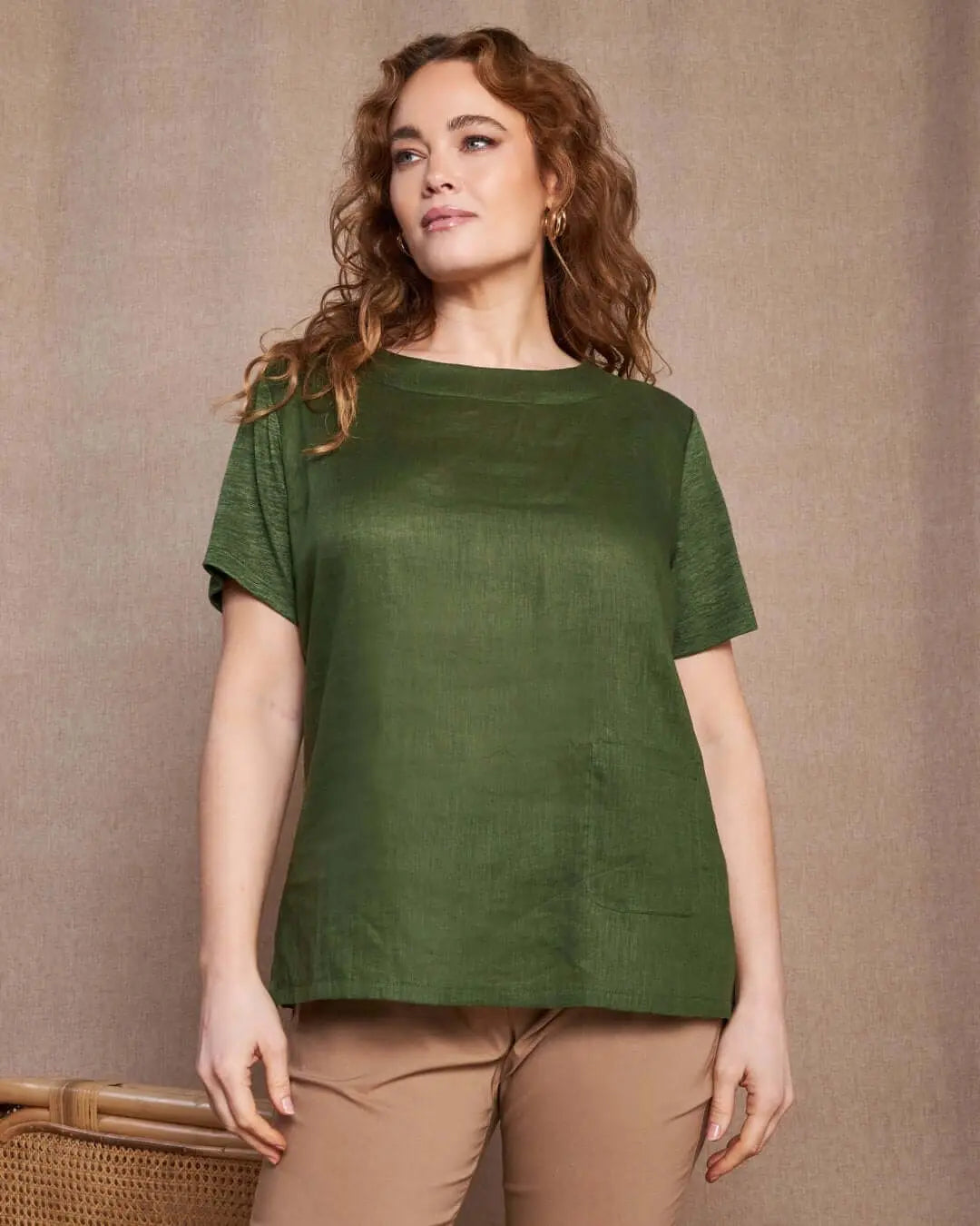 T-shirt combinata in lino e jersey melange con scollo a barca e tasca a toppa MILITARE DORABELLA PIU' XXXL