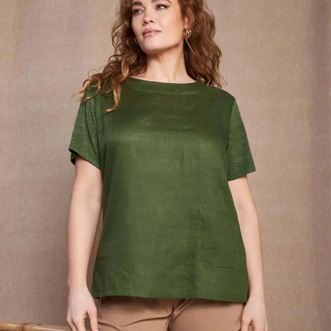 T-shirt combinata in lino e jersey melange con scollo a barca e tasca a toppa MILITARE DORABELLA PIU' XXXL