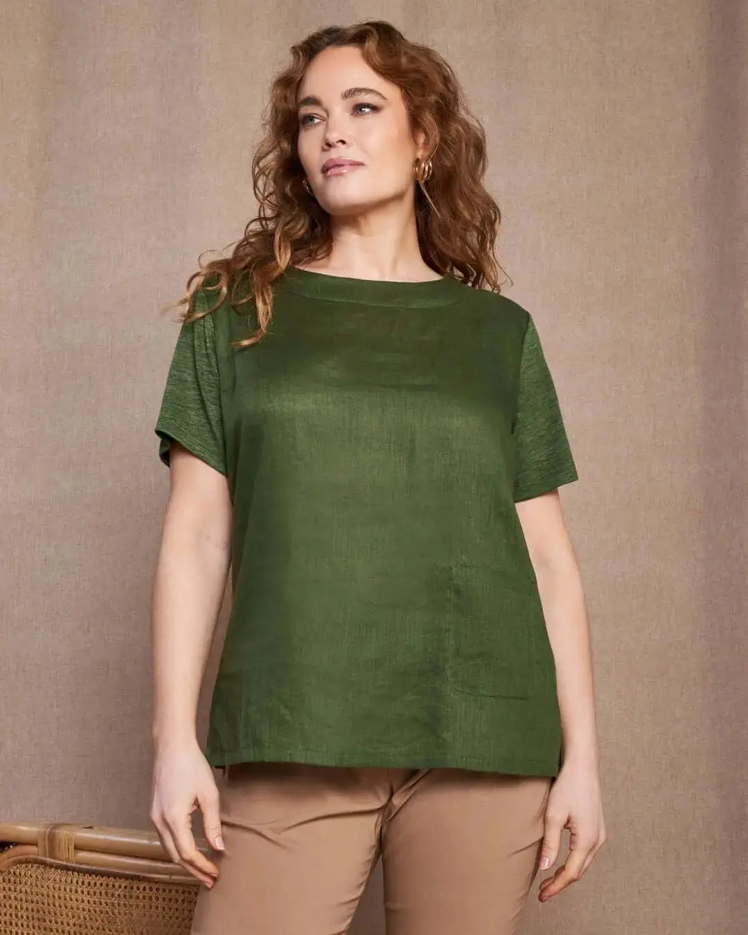 T-shirt combinata in lino e jersey melange con scollo a barca e tasca a toppa MILITARE DORABELLA PIU' XXXL