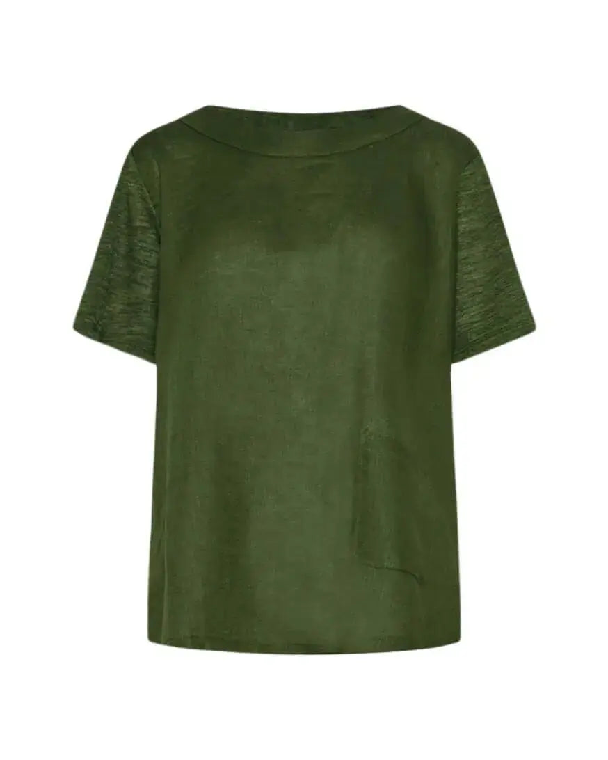 T-shirt combinata in lino e jersey melange con scollo a barca e tasca a toppa MILITARE DORABELLA PIU'