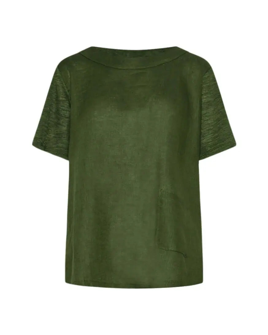 T-shirt combinata in lino e jersey melange con scollo a barca e tasca a toppa MILITARE DORABELLA PIU'