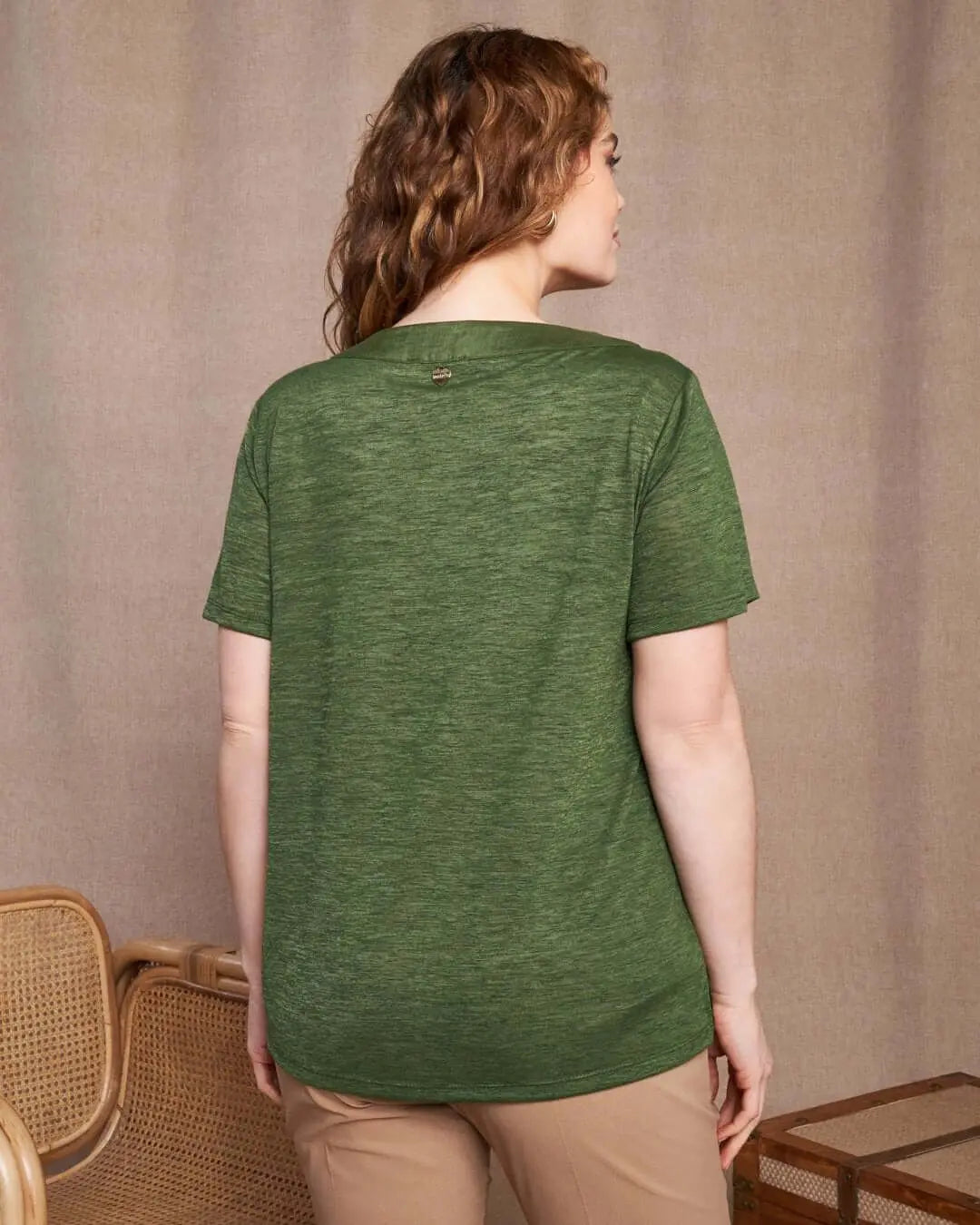 T-shirt combinata in lino e jersey melange con scollo a barca e tasca a toppa MILITARE DORABELLA PIU'