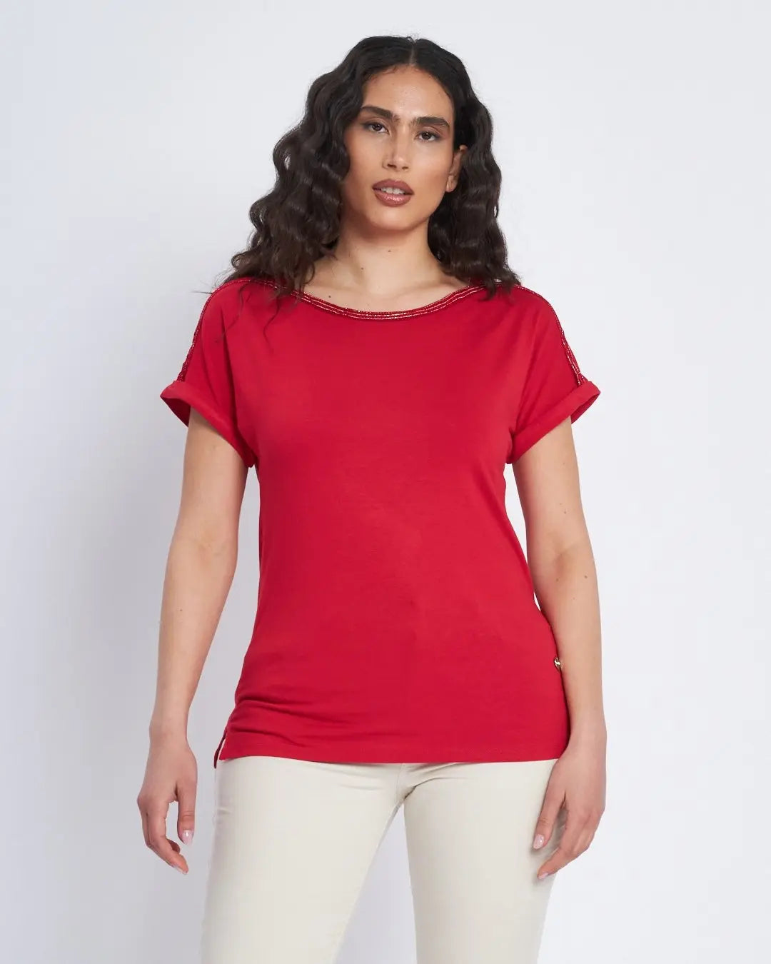 T-shirt con carre' e microchain applicata DORABELLA Rosso-XXL