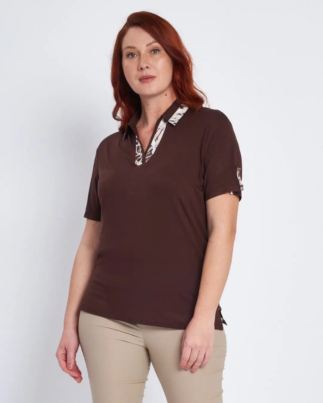 T-shirt con colletto polo e fintone a fantasia CACAO DORABELLA PIU'