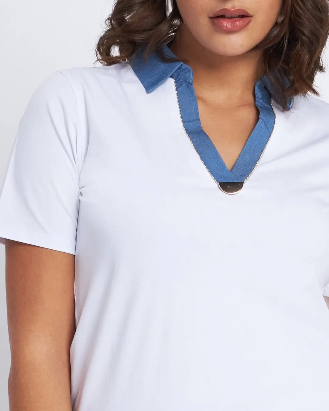 T-shirt con inserto in chambray e microchain BIANCO DORABELLA