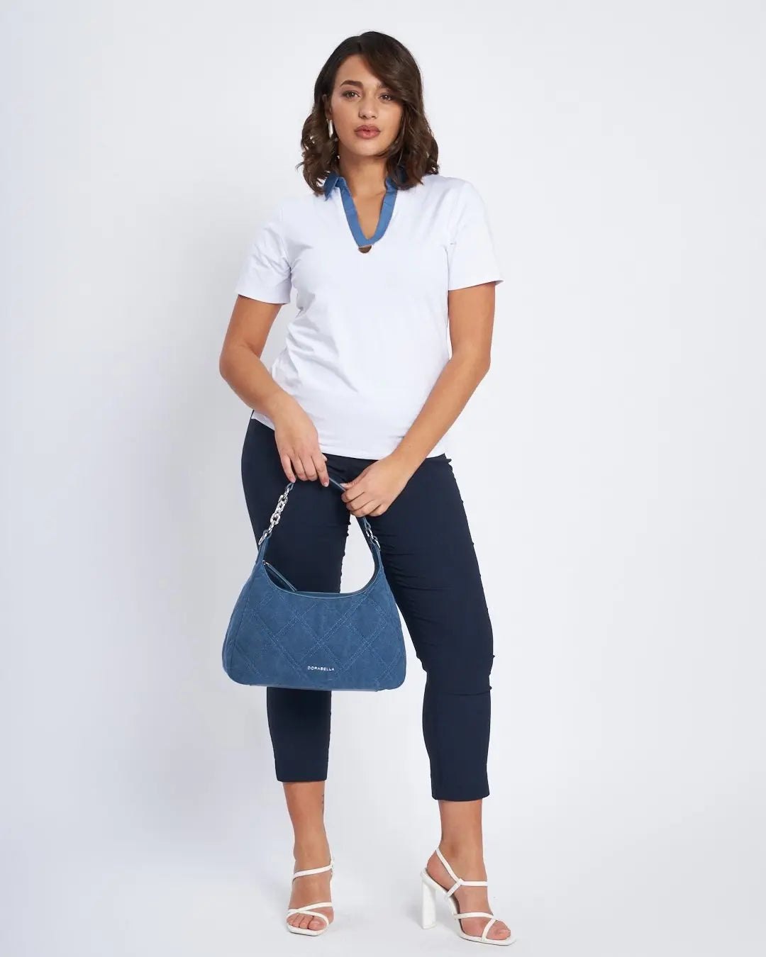 T-shirt con inserto in chambray e microchain BIANCO DORABELLA