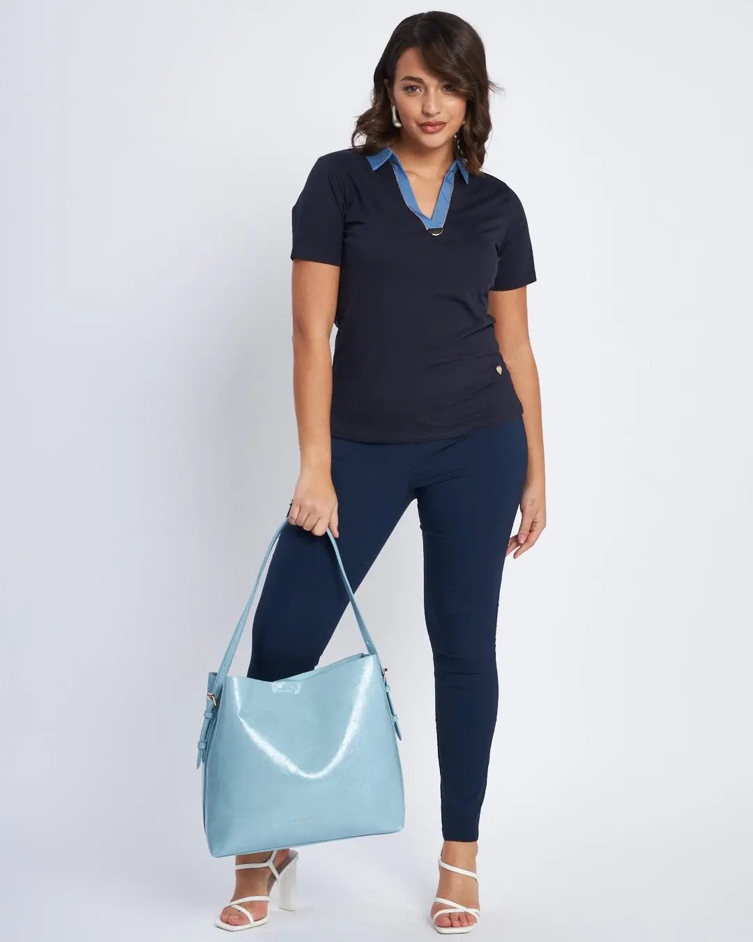 T-shirt con inserto in chambray e microchain BLU DORABELLA