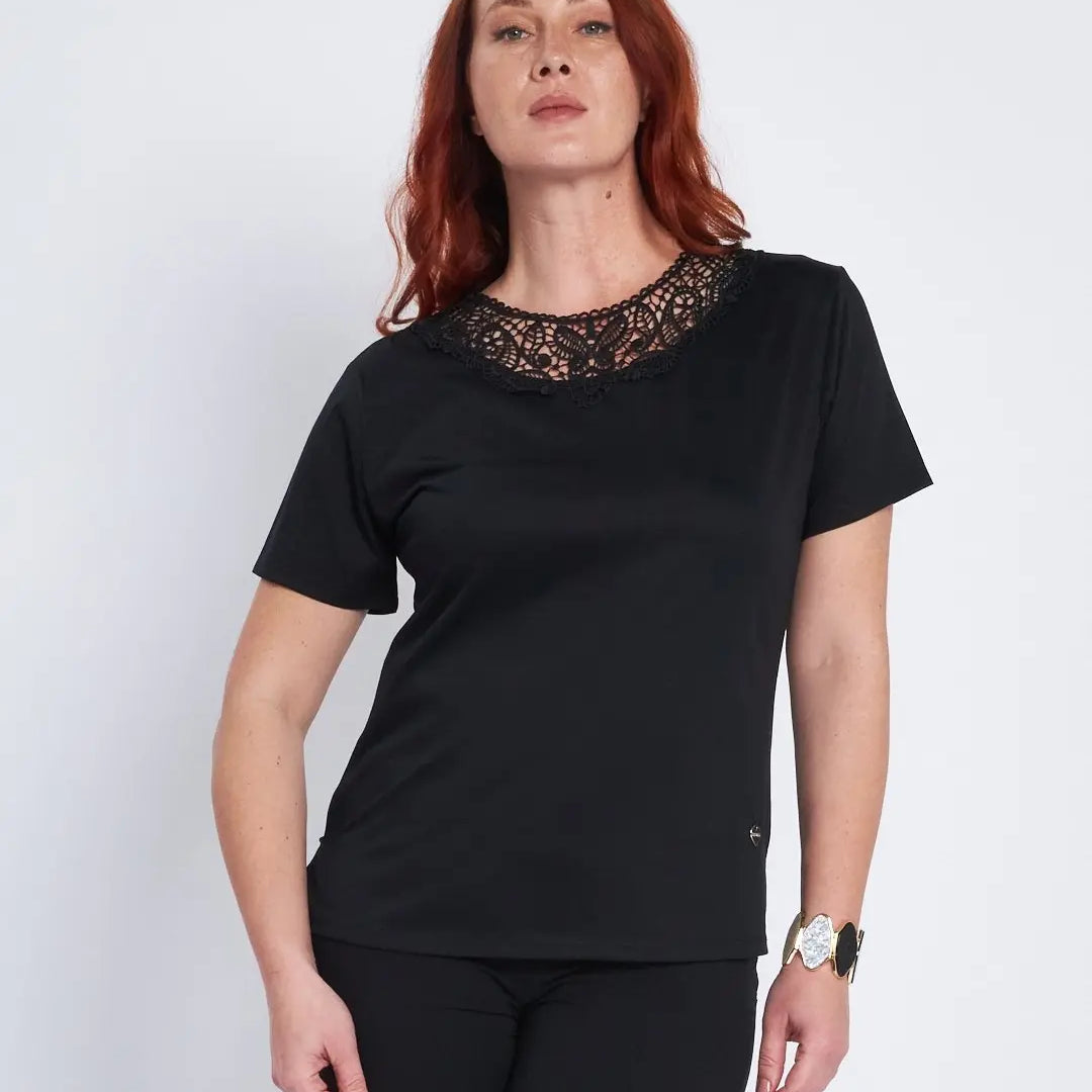 T-shirt con inserto sangallo al girocollo NERO DORABELLA PIU'