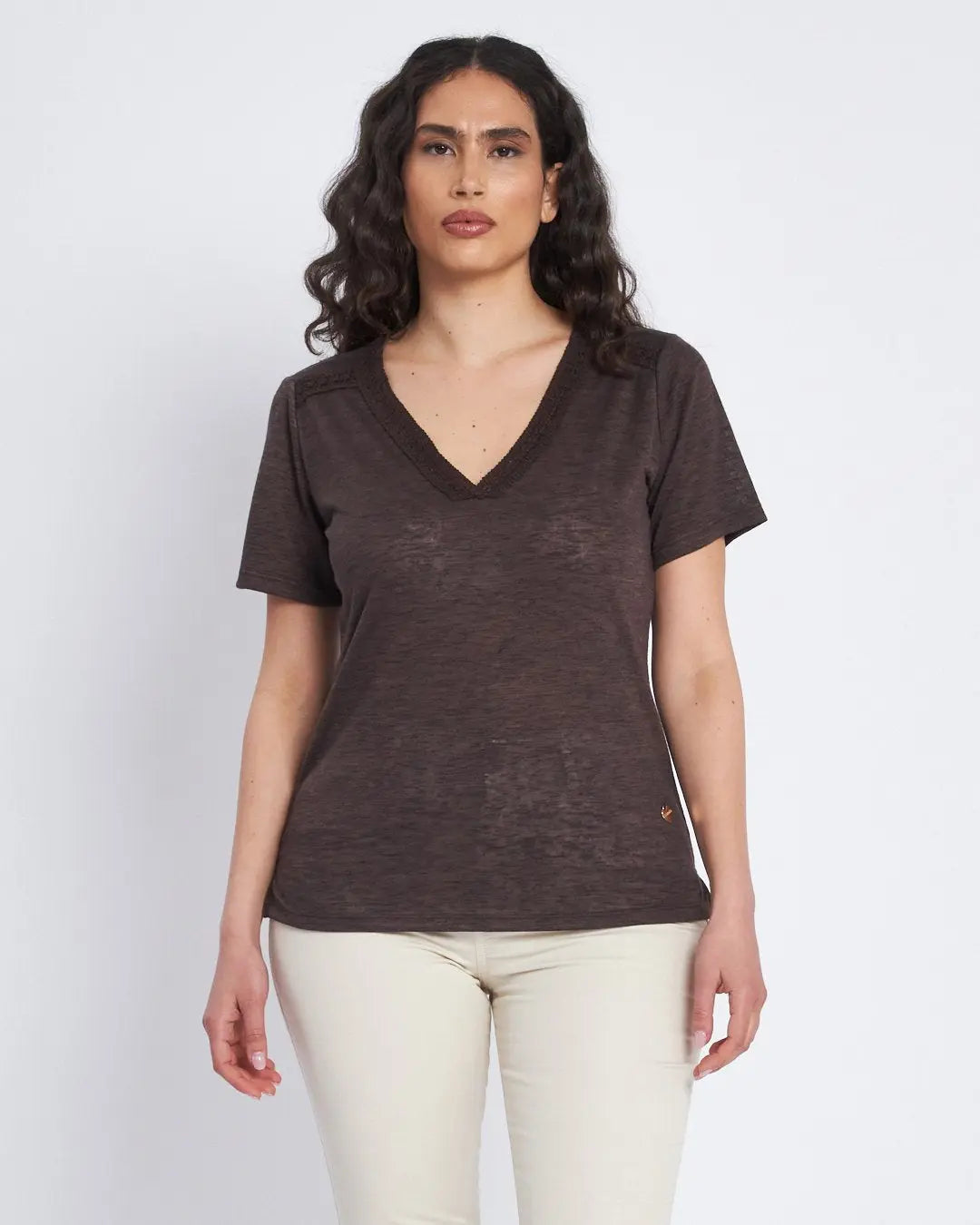 T-shirt con passamaneria sulle spalle CACAO DORABELLA