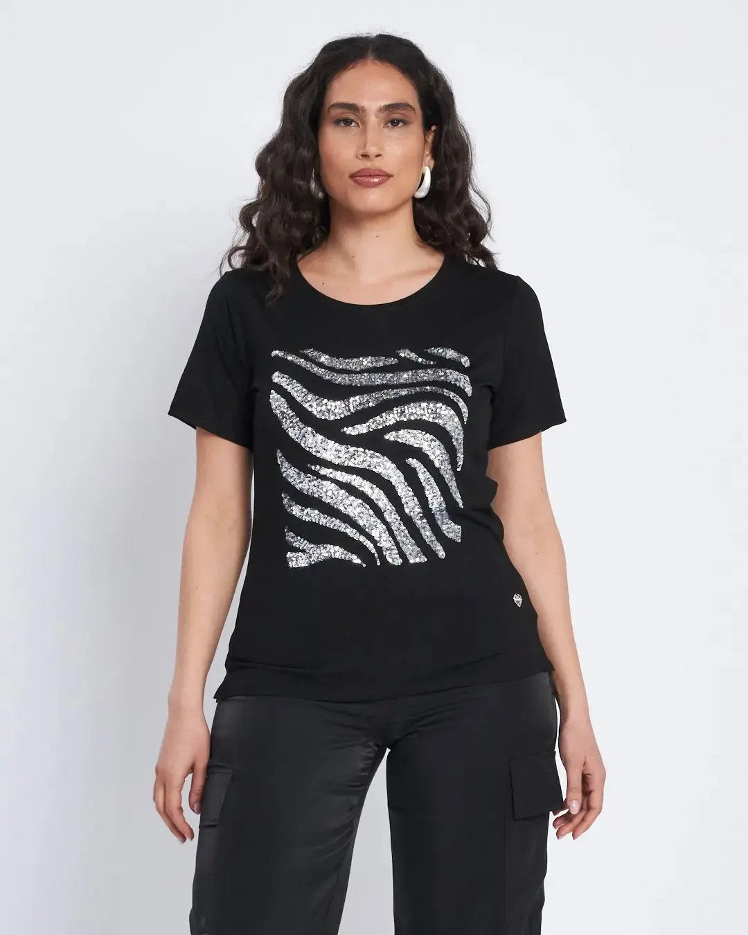 T-shirt con ricamo paillettes animalier NERO DORABELLA