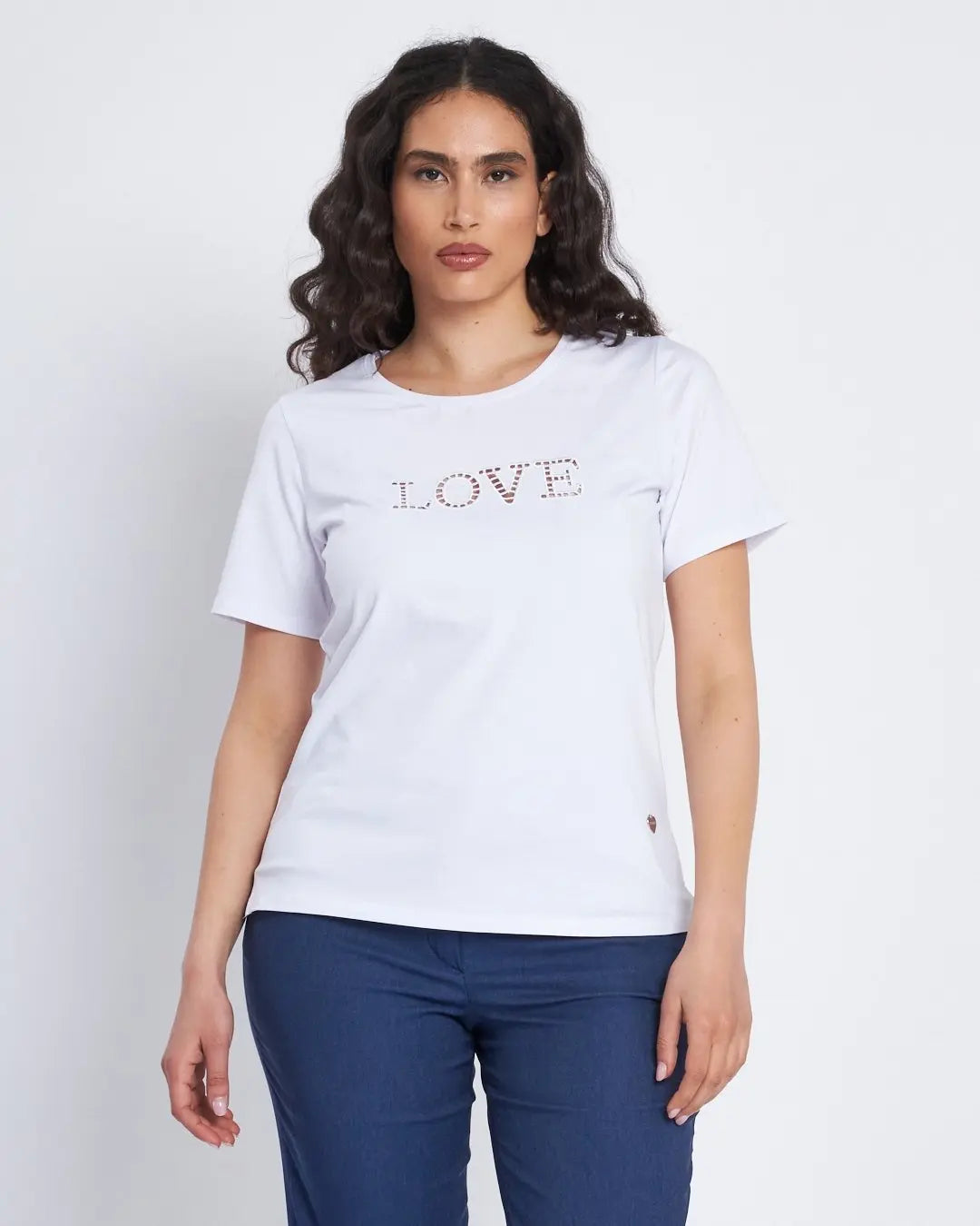 T-shirt con scritta ricamata con trafori BIANCO DORABELLA