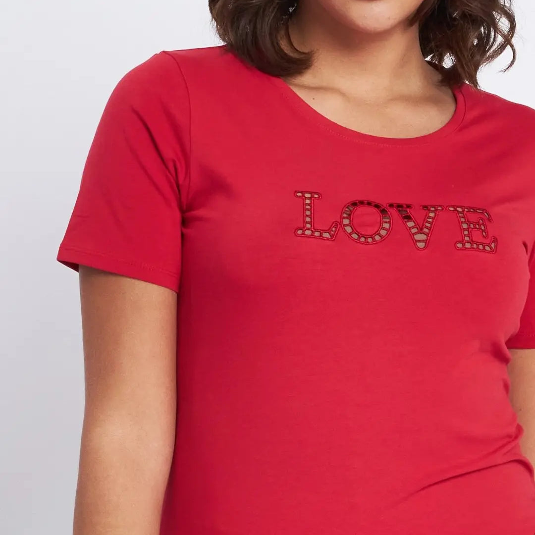 T-shirt con scritta ricamata con trafori ROSSO DORABELLA