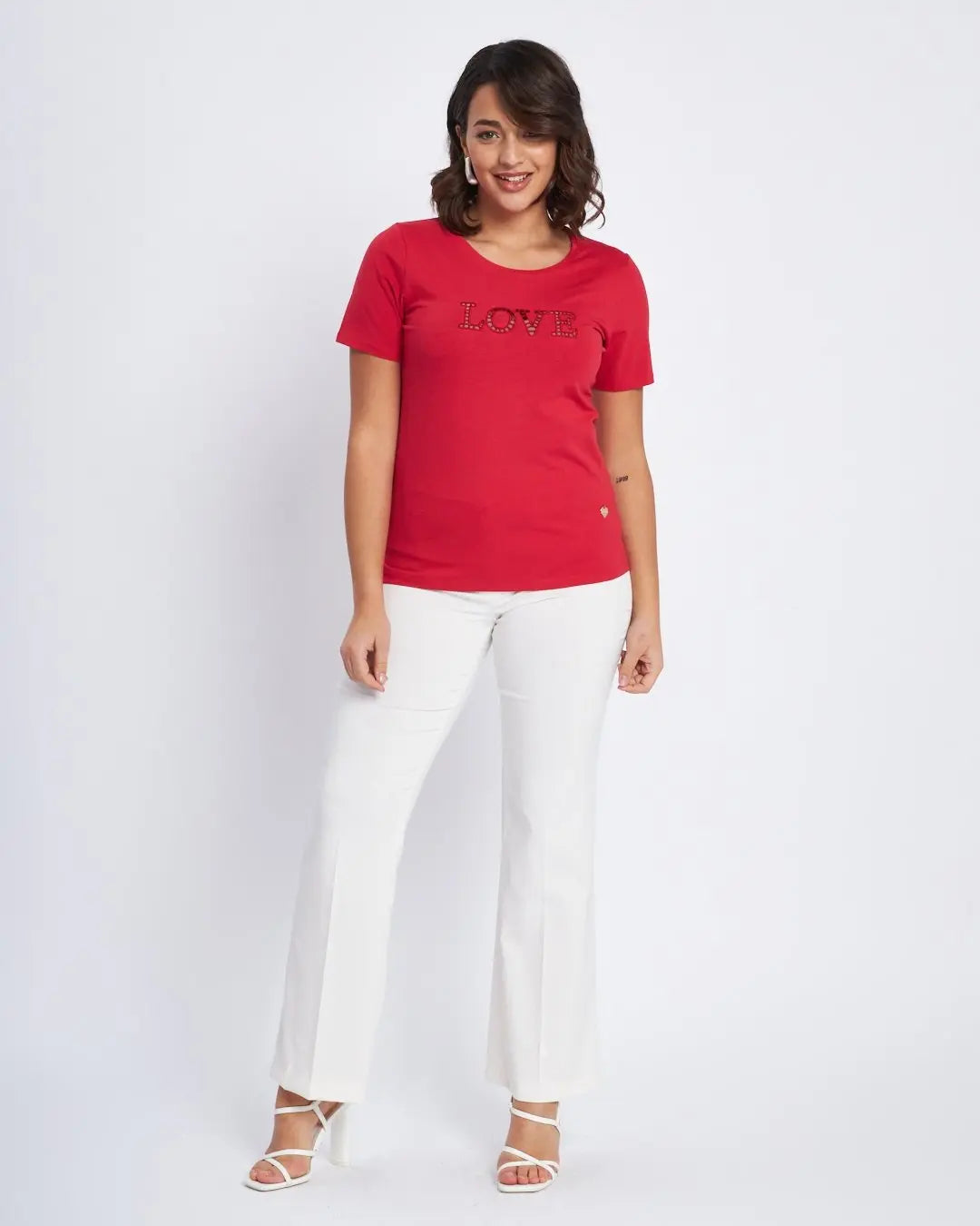T-shirt con scritta ricamata con trafori ROSSO DORABELLA