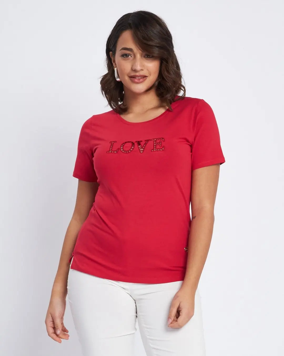 T-shirt con scritta ricamata con trafori ROSSO DORABELLA