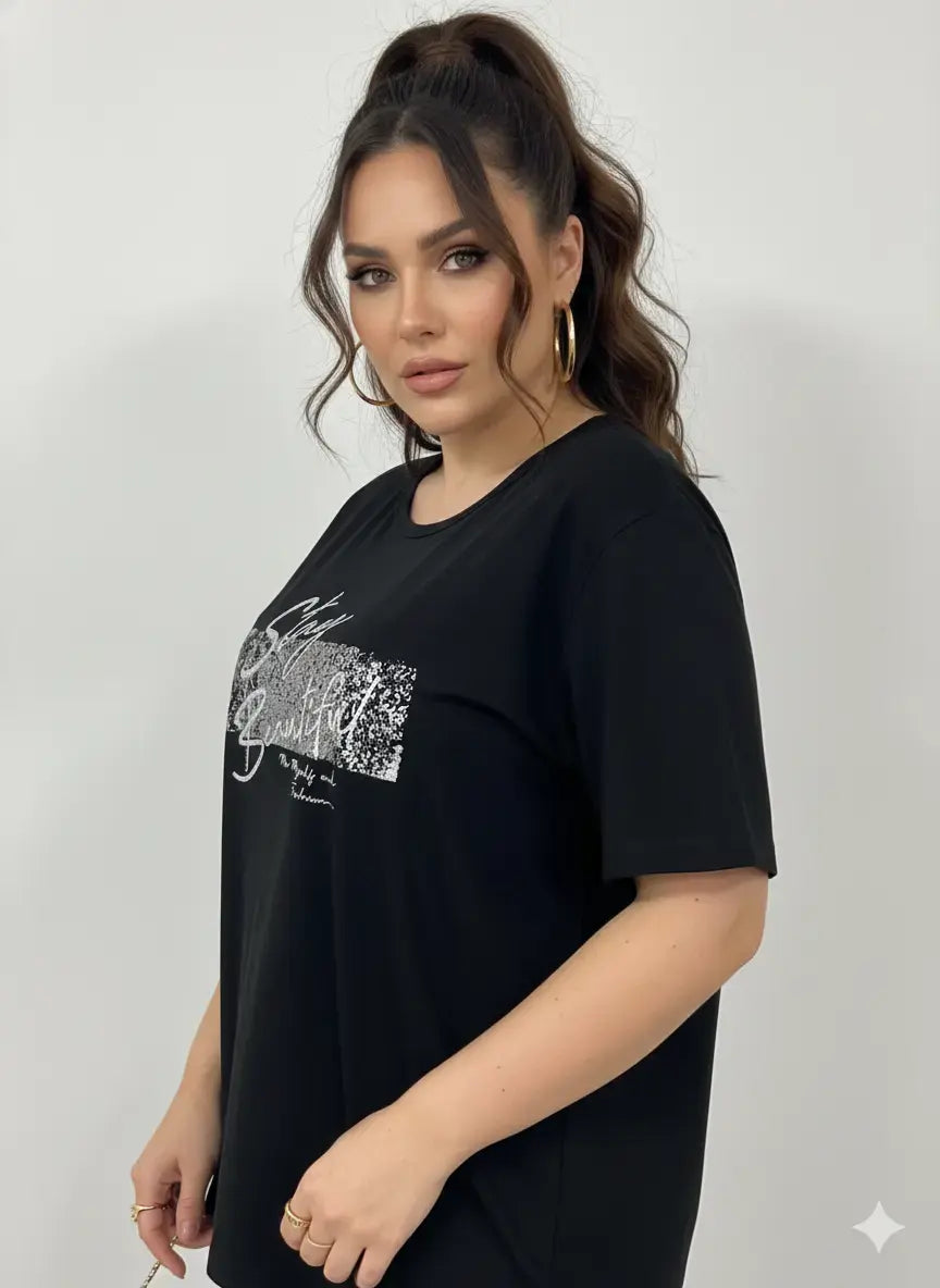 T-shirt con stampa e applicazione argento DORABELLA PIU'