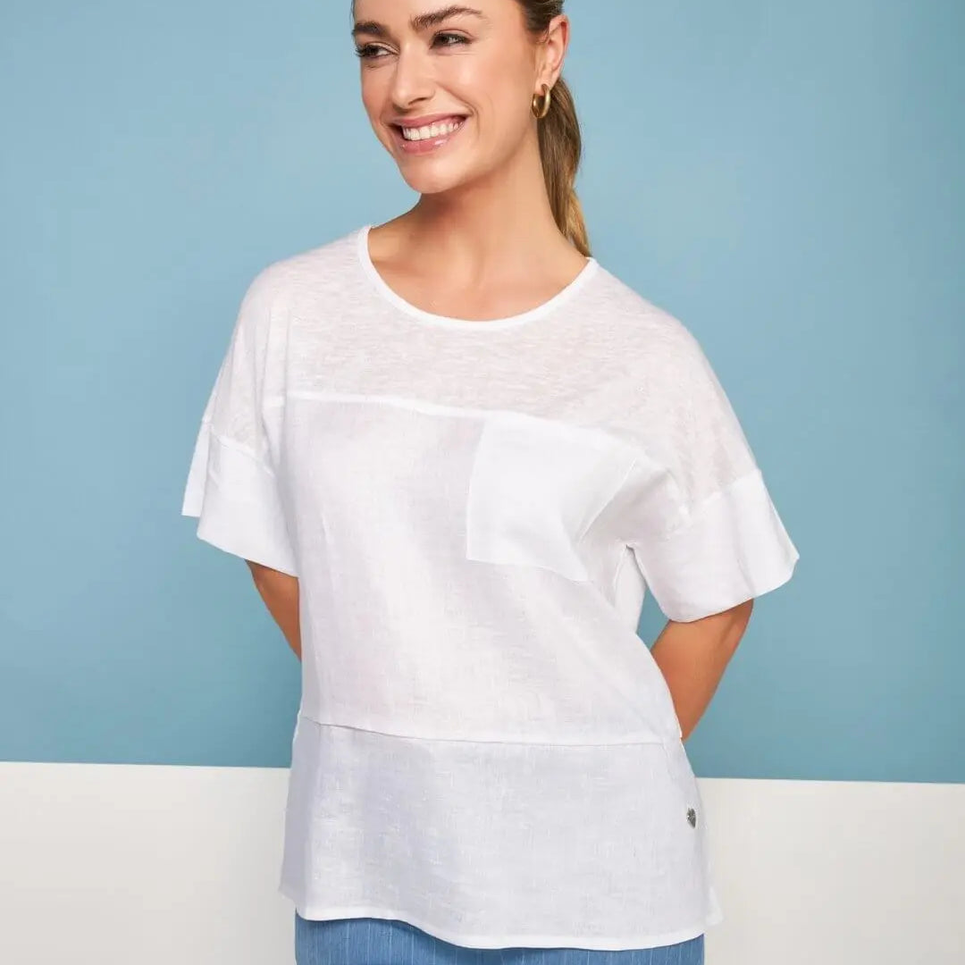 T-shirt girocollo combinata in lino e jersey melange con tasca sul petto BIANCO DORABELLA XL