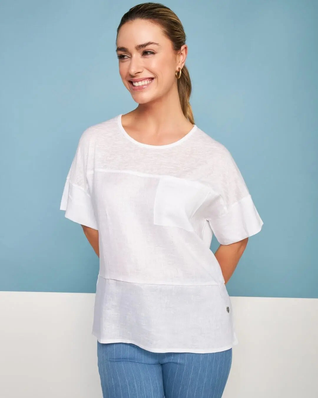 T-shirt girocollo combinata in lino e jersey melange con tasca sul petto BIANCO DORABELLA XL
