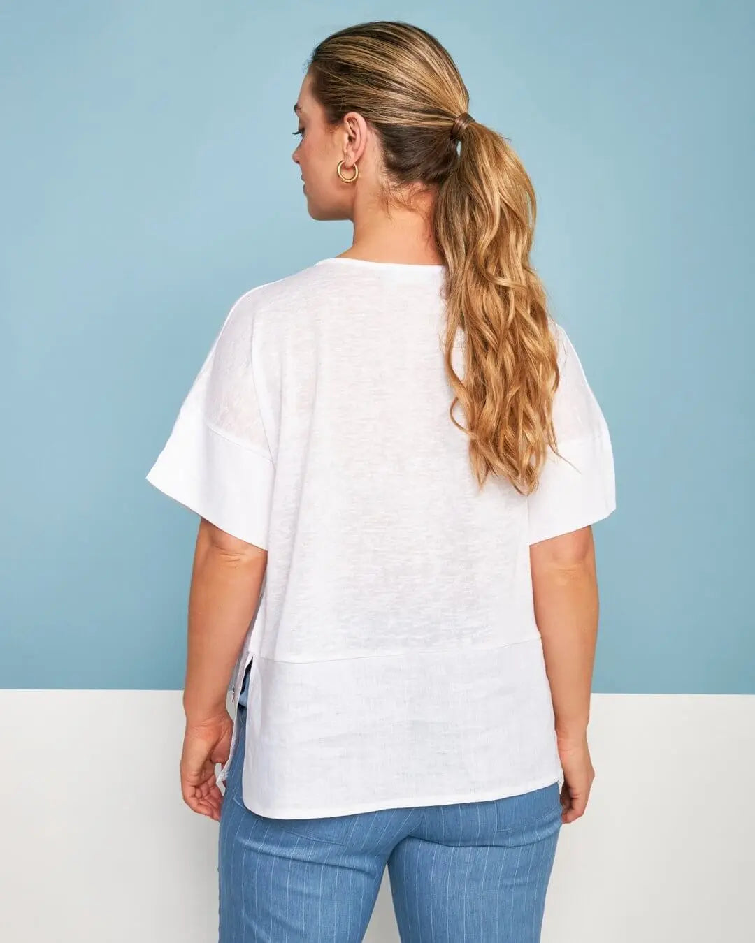 T-shirt girocollo combinata in lino e jersey melange con tasca sul petto BIANCO DORABELLA