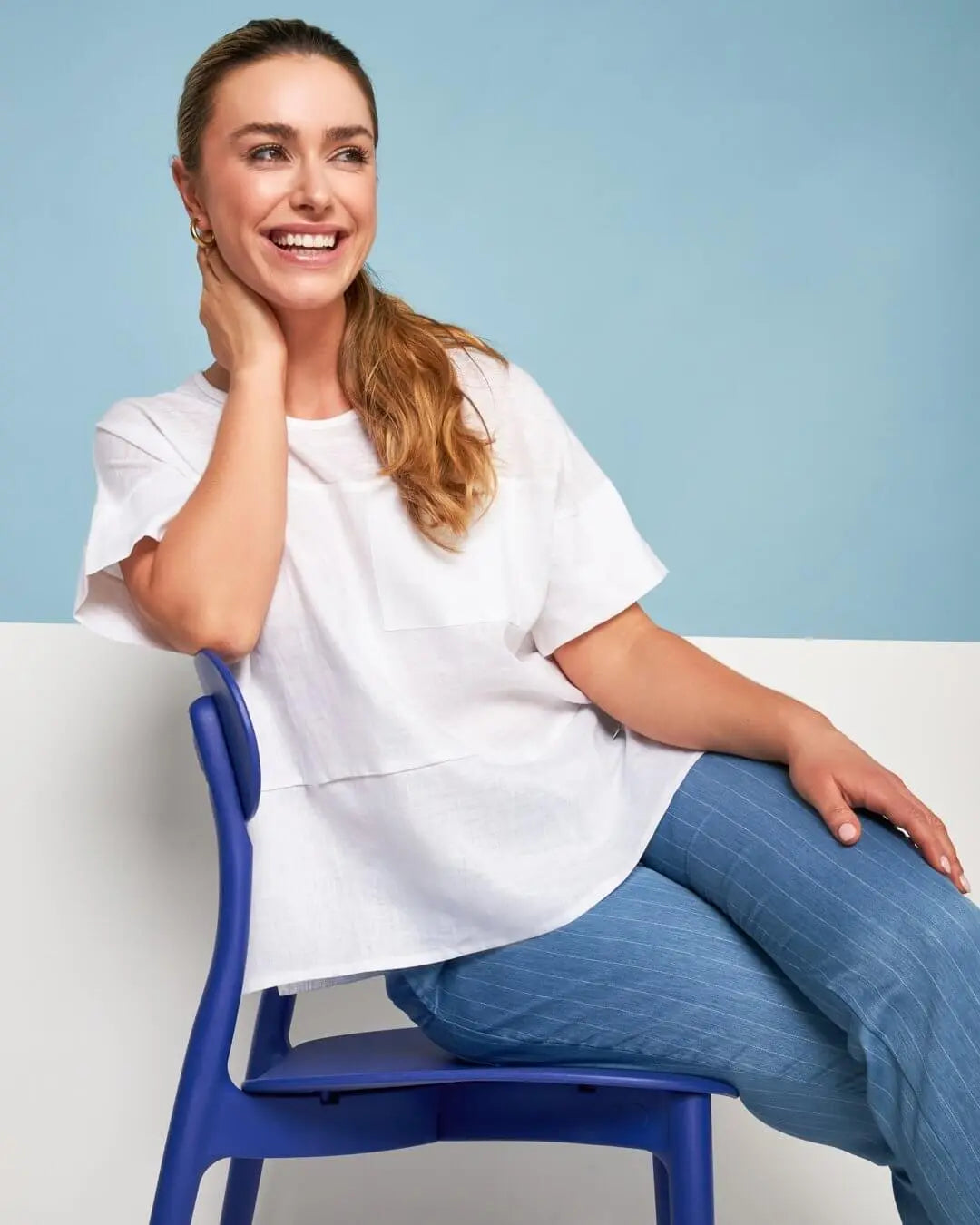 T-shirt girocollo combinata in lino e jersey melange con tasca sul petto BIANCO DORABELLA