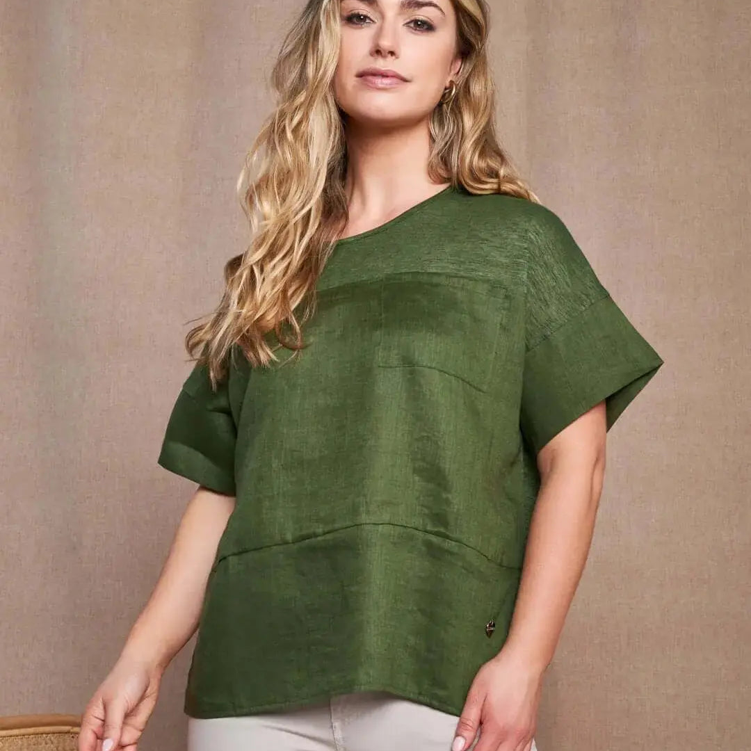 T-shirt girocollo combinata in lino e jersey melange con tasca sul petto MILITARE DORABELLA XL