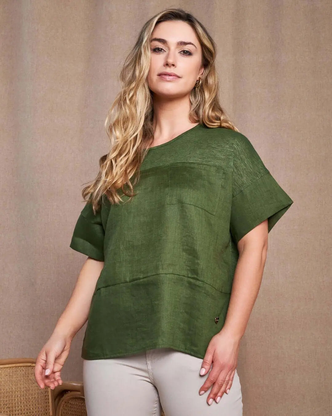 T-shirt girocollo combinata in lino e jersey melange con tasca sul petto MILITARE DORABELLA XL