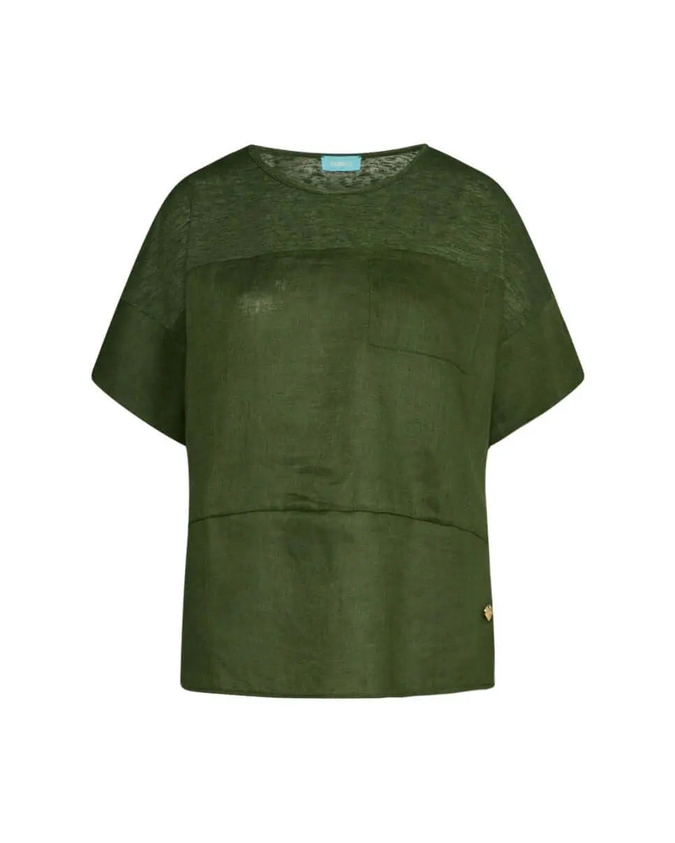 T-shirt girocollo combinata in lino e jersey melange con tasca sul petto MILITARE DORABELLA