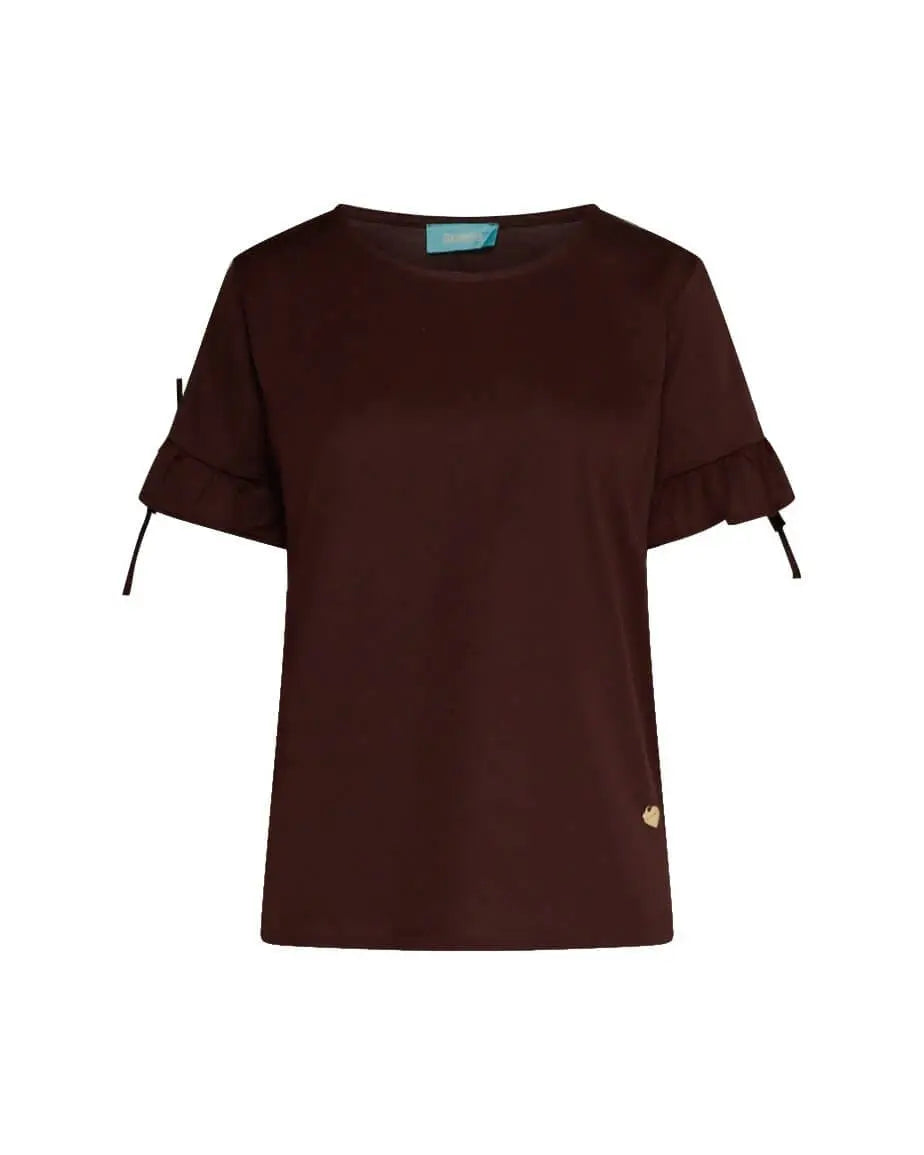 T-shirt girocollo in jersey di cotone e viscosa con fiocchi e rouches al fondo manica CACAO DORABELLA