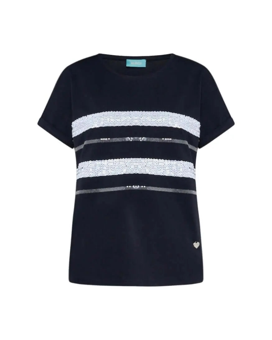 T-shirt girocollo in jersey di cotone elasticizzato con applicazioni di paillettes BLU DORABELLA