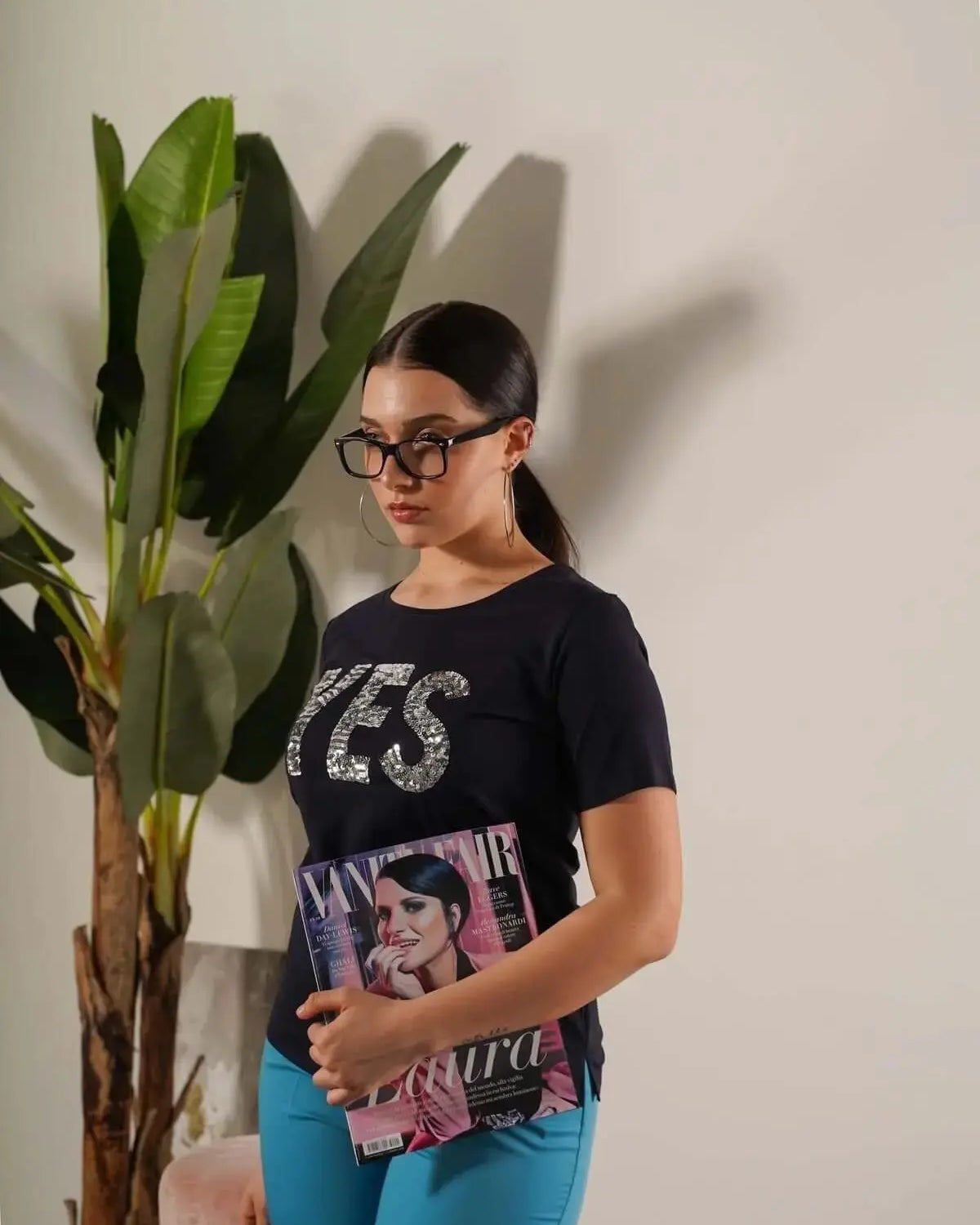 T-shirt girocollo in jersey di cotone elasticizzato con slogan in paillettes BLU DORABELLA XL