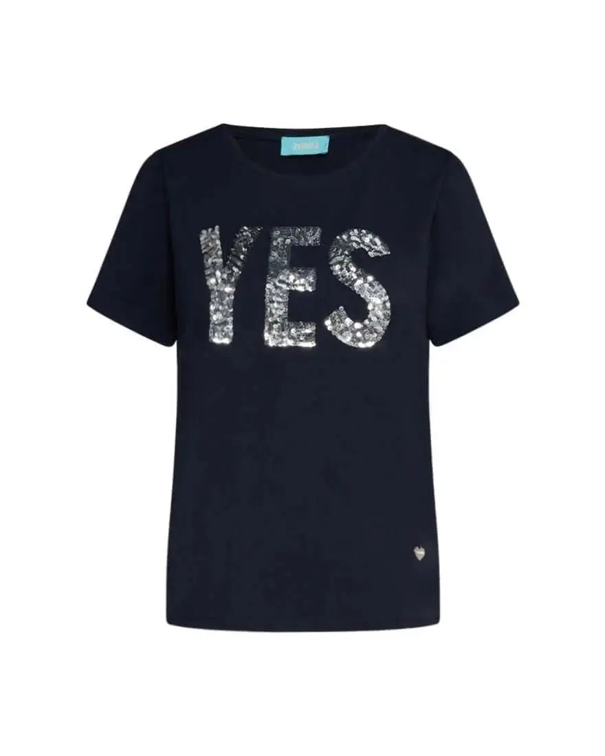 T-shirt girocollo in jersey di cotone elasticizzato con slogan in paillettes BLU DORABELLA