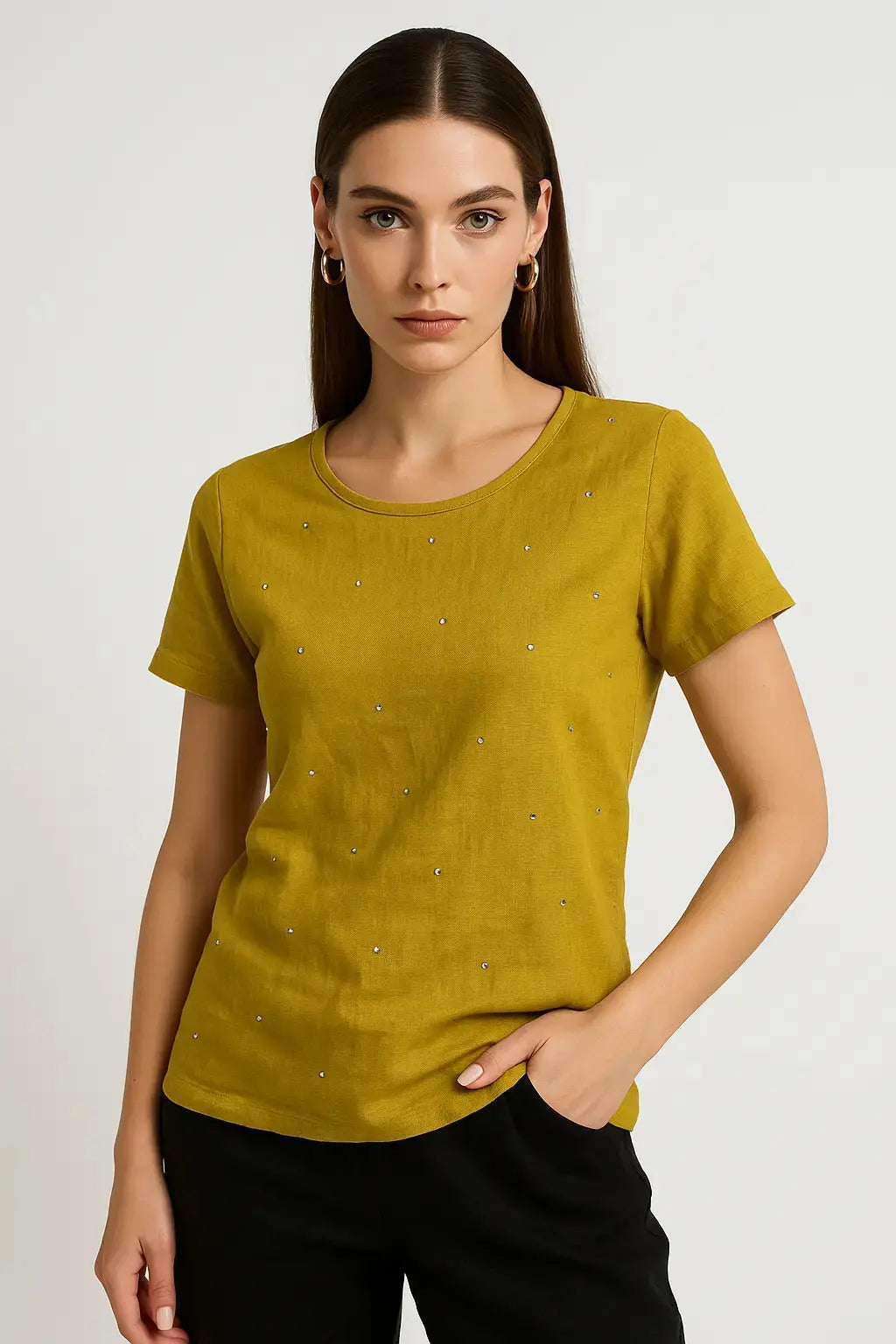 T-shirt in 100% lino con strass frontali DORABELLA