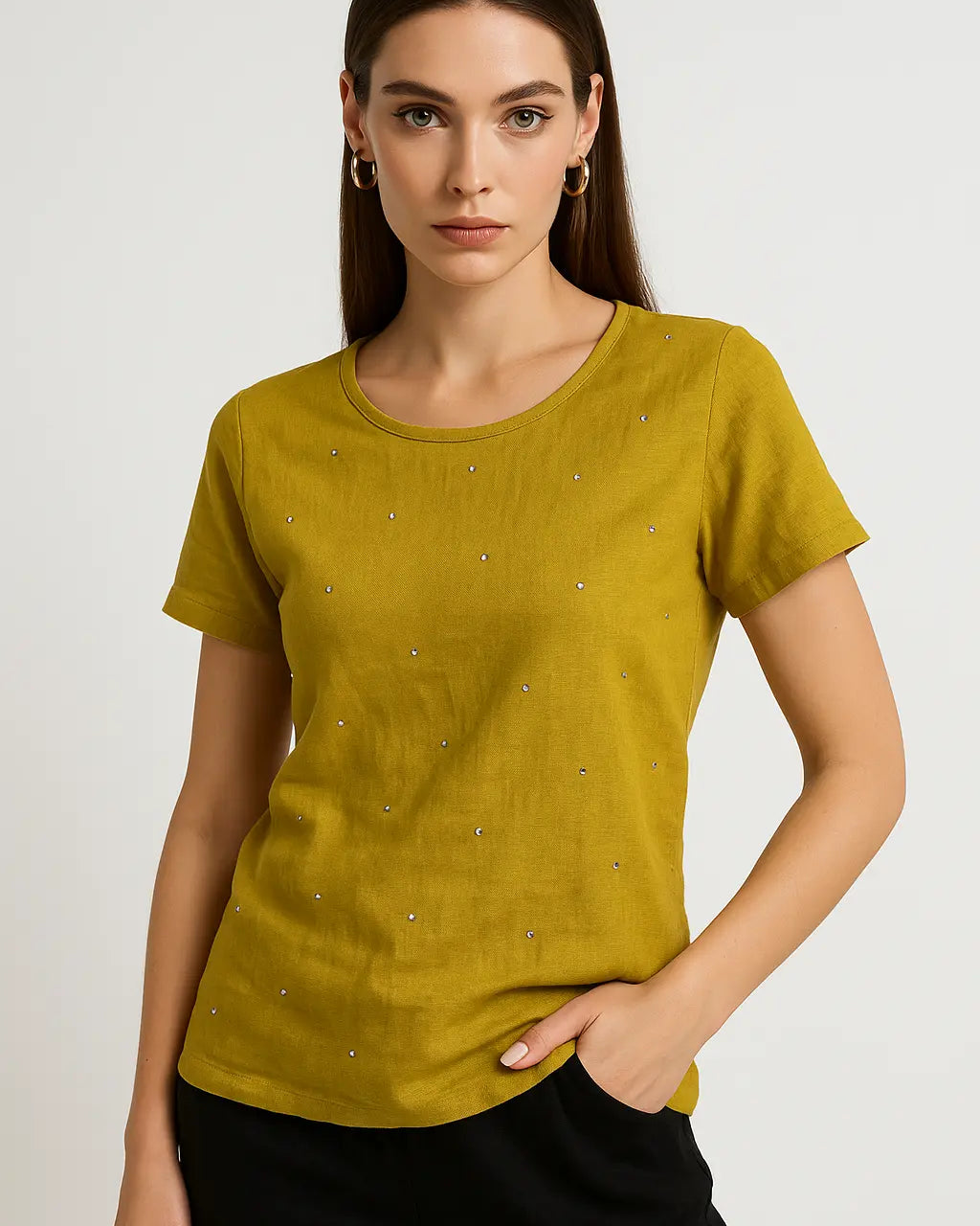 T-shirt in 100% lino con strass frontali DORABELLA