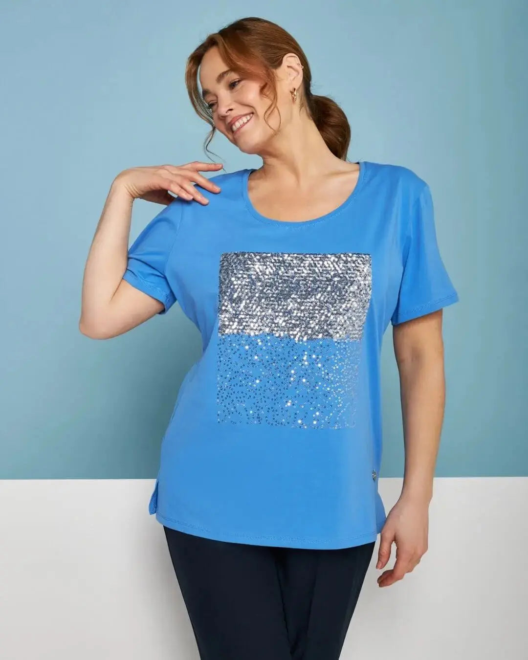 T-shirt in jersey di cotone elasticizzato con applicazioni di paillettes sul davanti LAVANDA DORABELLA PIU' XXXL