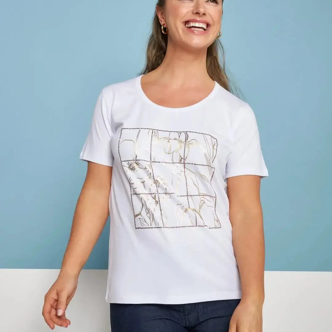 T-shirt in jersey di cotone elasticizzato con stampa e strass BIANCO DORABELLA XL