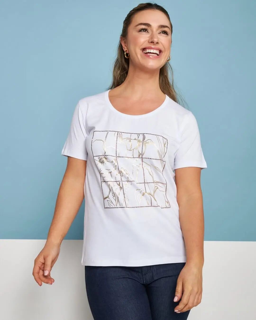 T-shirt in jersey di cotone elasticizzato con stampa e strass BIANCO DORABELLA XL