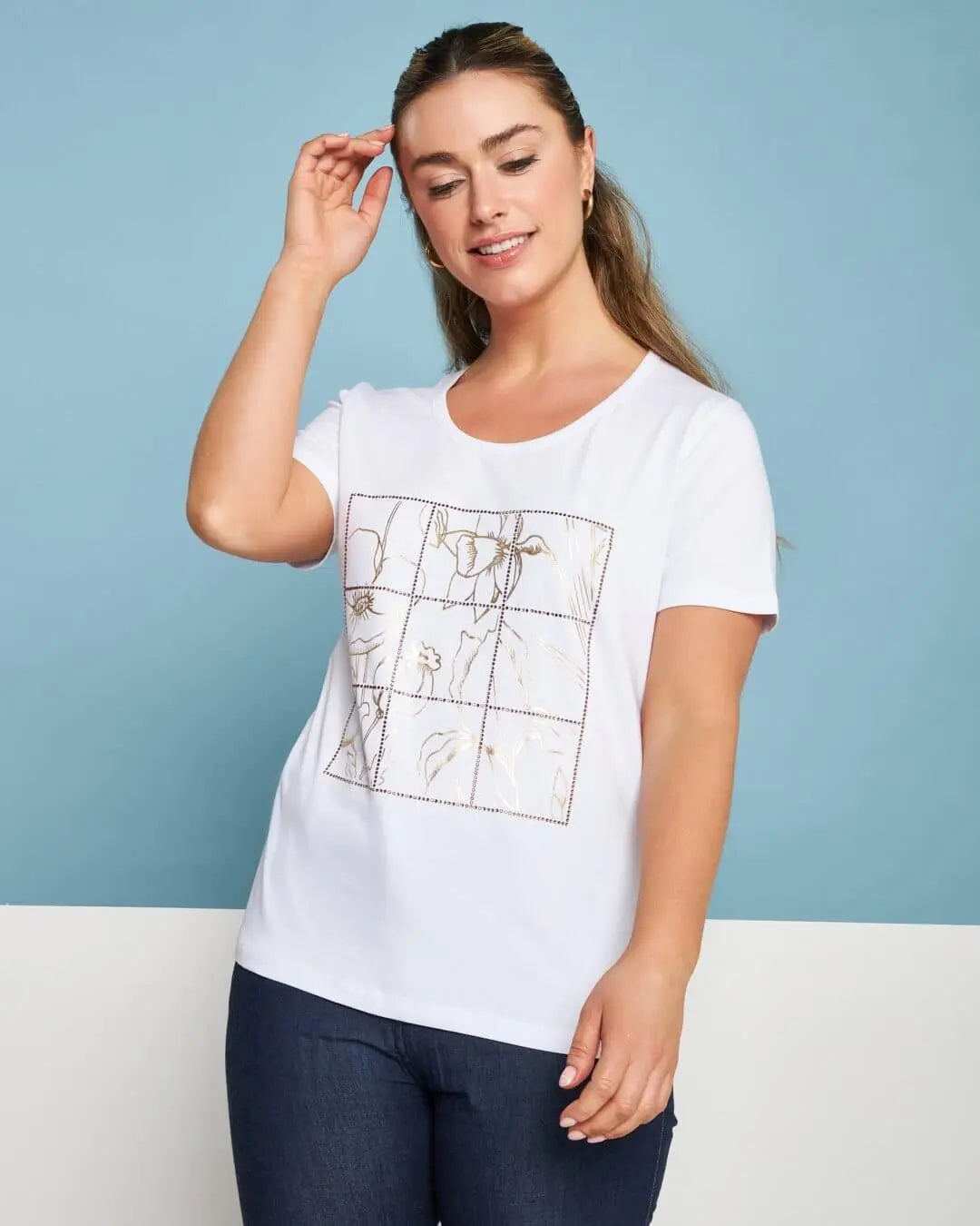 T-shirt in jersey di cotone elasticizzato con stampa e strass BIANCO DORABELLA