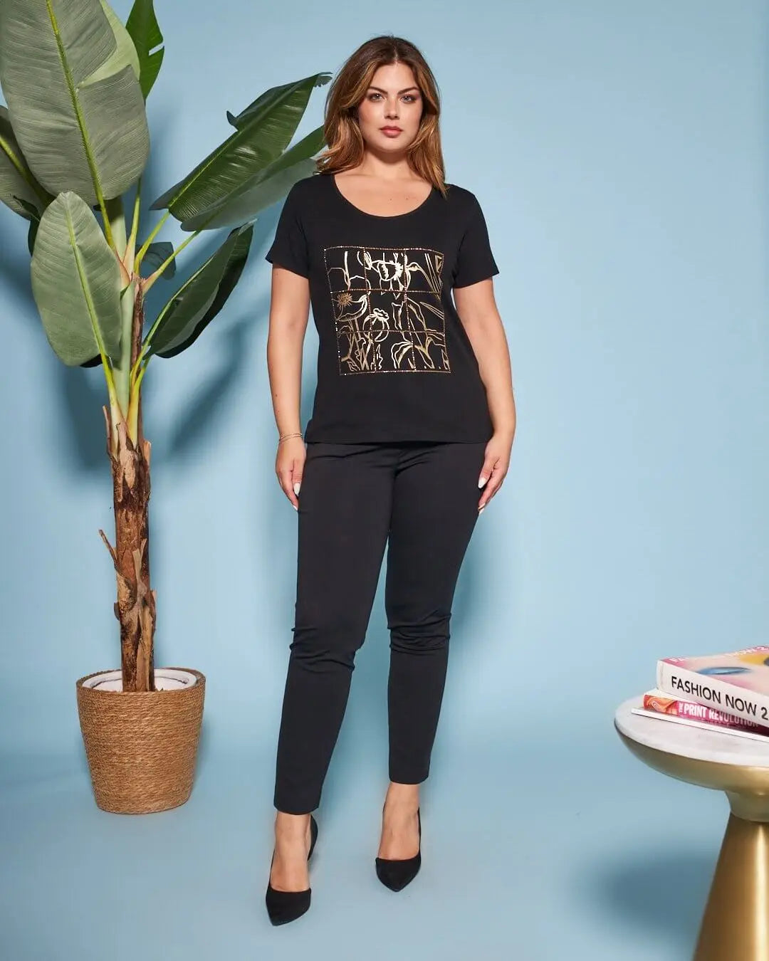 T-shirt in jersey di cotone elasticizzato con stampa e strass NERO DORABELLA