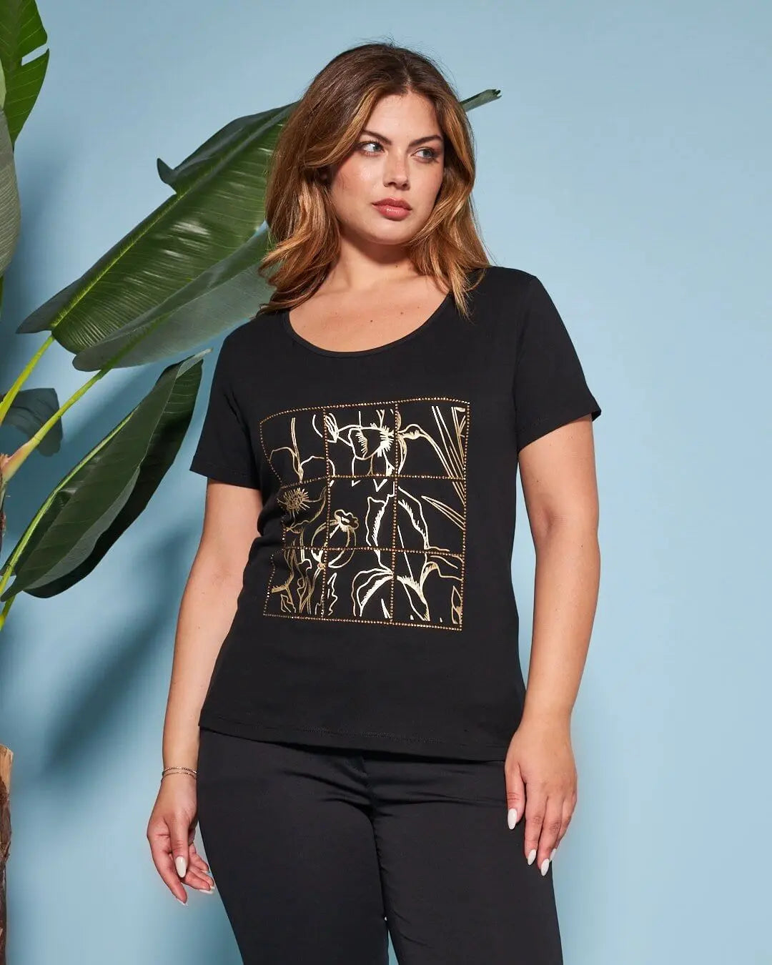 T-shirt in jersey di cotone elasticizzato con stampa e strass NERO DORABELLA