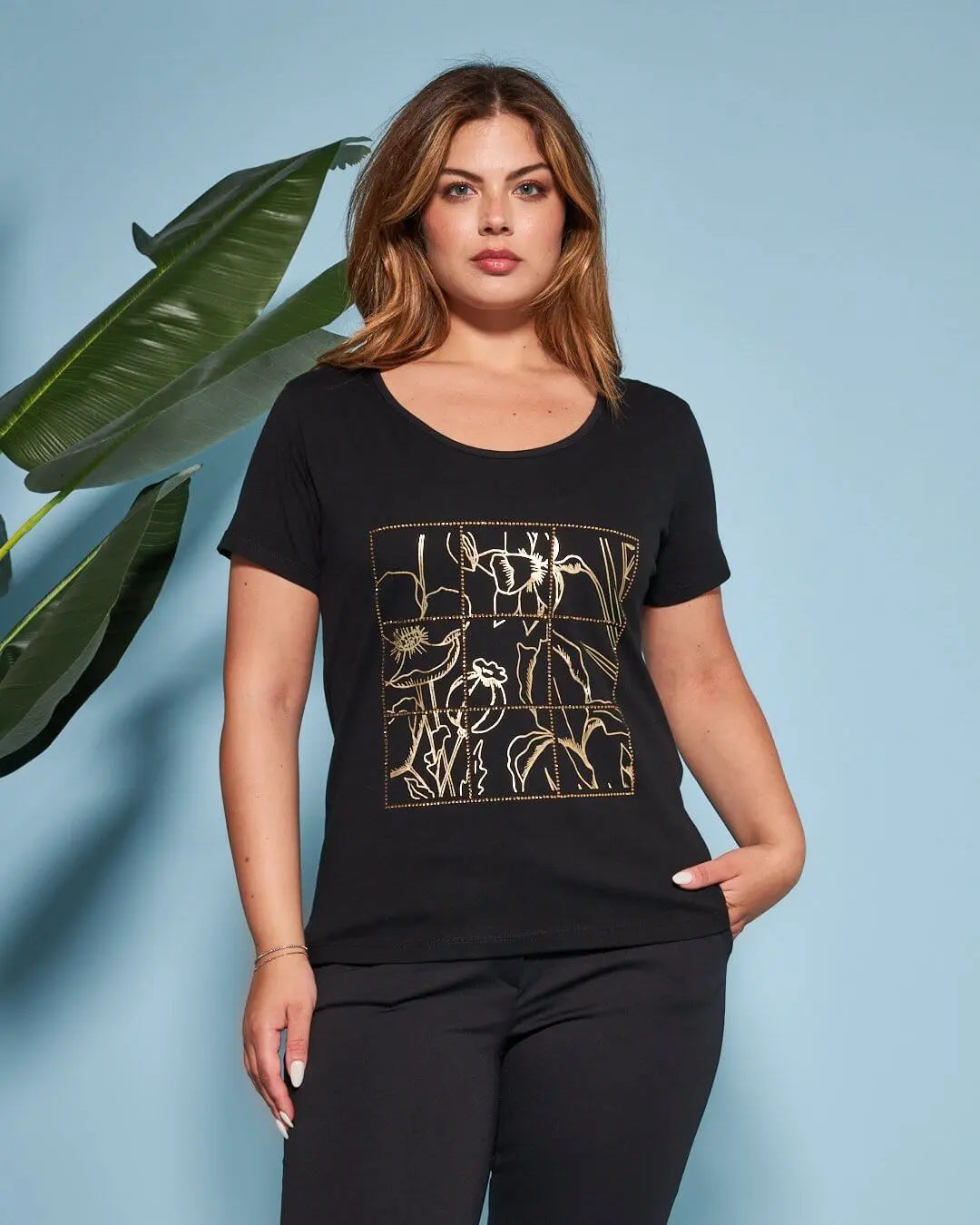 T-shirt in jersey di cotone elasticizzato con stampa e strass NERO DORABELLA