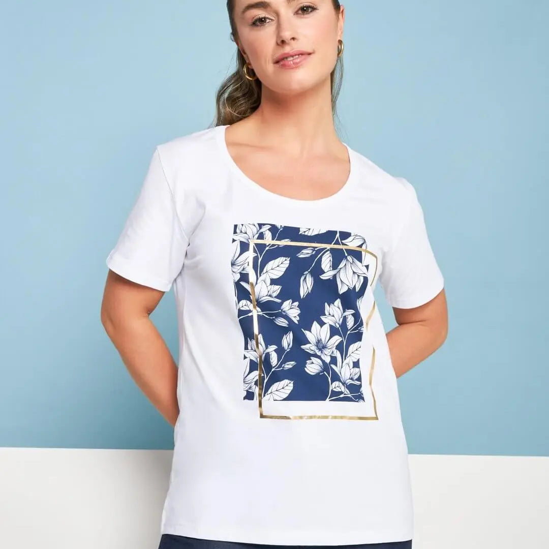 T-shirt in jersey di cotone elasticizzato con stampa floreale BIANCO DORABELLA XL
