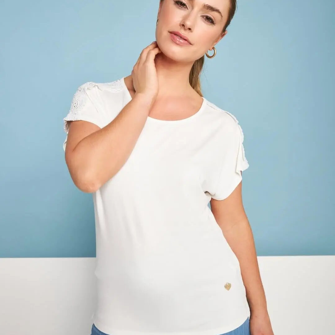 T-shirt kimono in jersey di viscosa elasticizzata con pizzo sulle spalle BIANCO DORABELLA XL