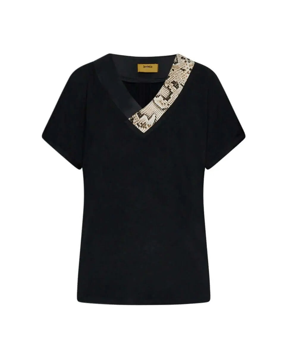 T-shirt kimono in jersey di viscosa elasticizzata con scollo a V con fantasia animalier BLACK DORABELLA PIU'